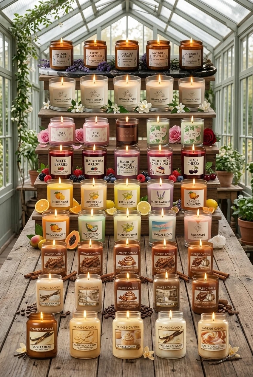 A lit candle beside a shelf of CozyScents jars